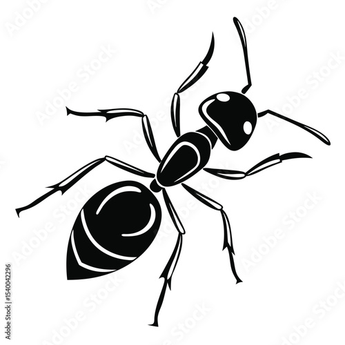 Sharp black ant crawling on white canvas showcases prominent mandibles and antennae