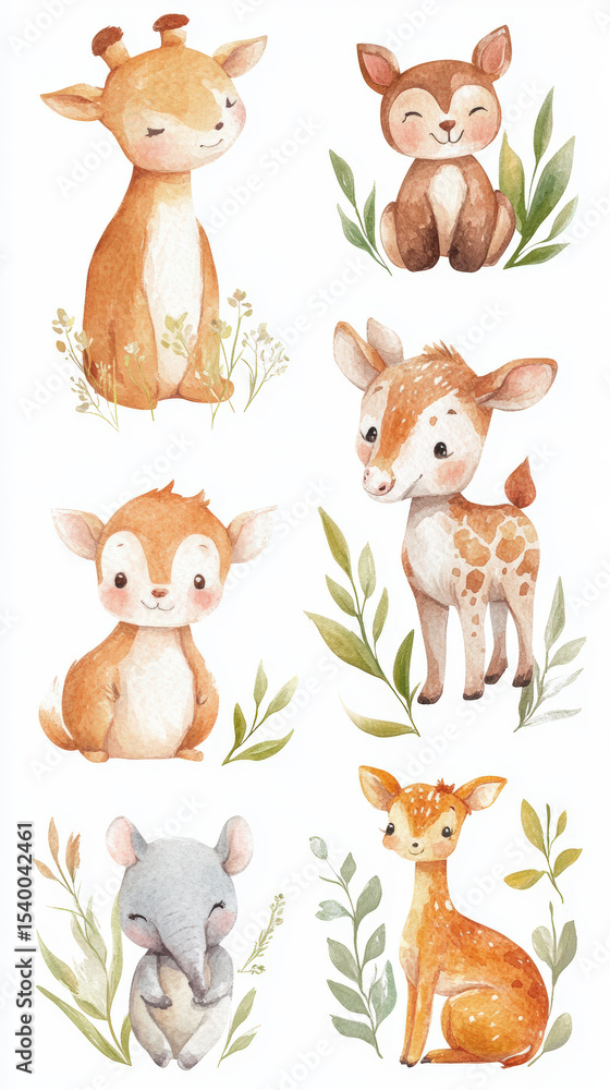 Obraz premium Cute Watercolor Animals. Adorable watercolor illustrations of cute baby animals, perfect for a whimsical design.