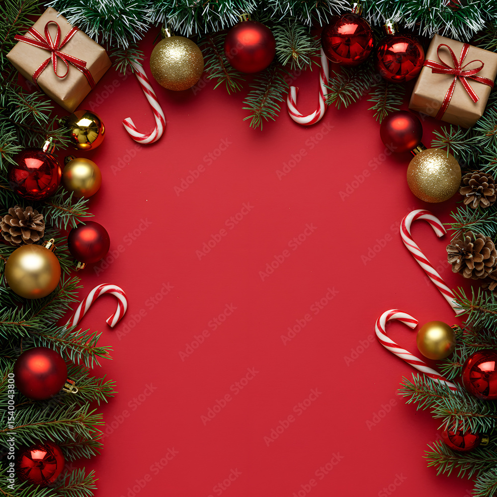 A festive red background adorned with Christmas ornaments and decorations. A festive red background adorned with Christmas ornaments and decorations.