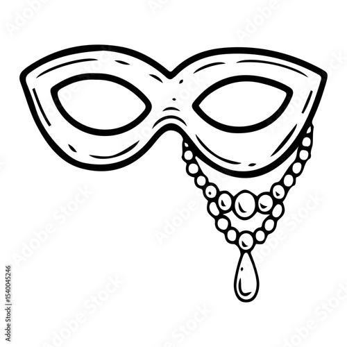 Carnival mask with hanging beads. Hand drawn doodle vector. Secret face. Masquerade costume accessory. Festival decoration. Retro party. Fashion, vintage style. Illustration line art element.