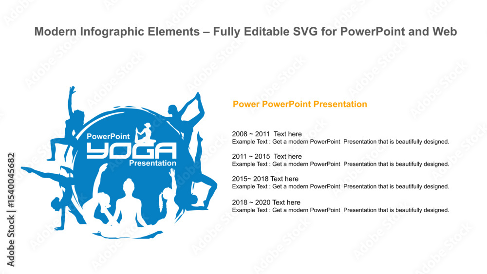 Naklejka premium Yoga-Themed PowerPoint Timeline Infographic – Editable Vector with Silhouettes. Fully editable vector SVG file compatible with PowerPoint, Illustrator, and most vector-based applications.