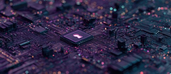 Leinwandbilder Aubergine A stylized circuit board features a central keyhole icon, representing digital security within a complex technological landscape  © NurulSinta