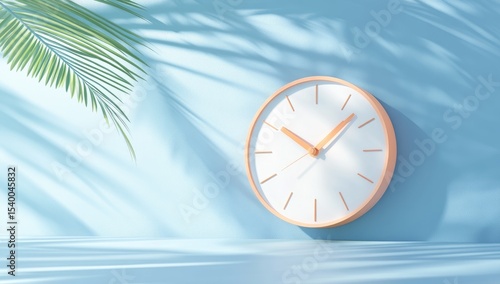 Wallpaper Mural Light pastel blue wall with a round clock and palm leaves casting shadows Torontodigital.ca