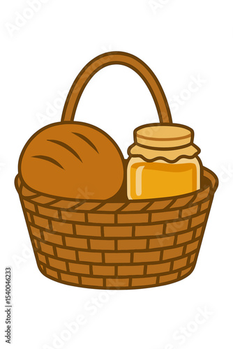 Bread and honey jar in wicker basket for Honey Feast Day (Medoviy Spas) celebration  