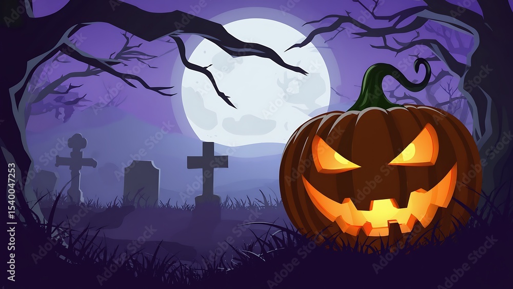 Spooky Halloween Night Jackolantern Graveyard and Full Moon Spooky Halloween Night Jackolantern Graveyard and Full Moon