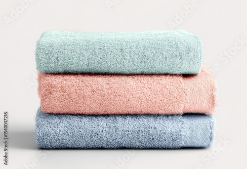 A neatly stacked trio of soft, fluffy towels in pastel shades of blue, pink, and mint green, showcasing their plush texture against a clean white background