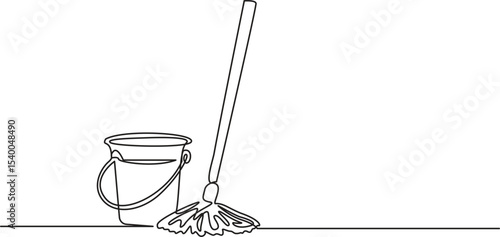 Continuous one line drawing of mop and bucket. Cleaning concept. Single line draw design vector graphic illustration. Cleaning tools one line colored continuous drawing, Vector Illustration