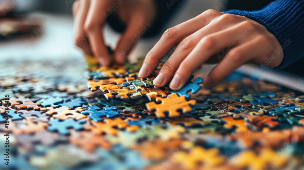 Hands assembling a colorful jigsaw puzzle Hands assembling a colorful jigsaw puzzle