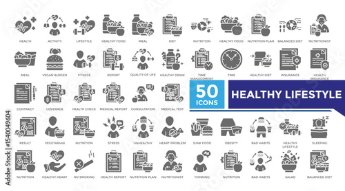 Healthy lifestyle solid icon set collection. This set includes diet, nutrition plan, nutritionist, fitness, bad habits, salad and more icons in solid style. Vector icons collection for infographics