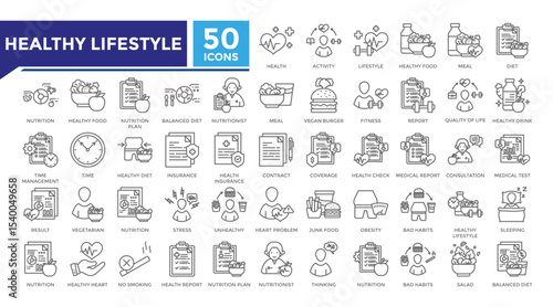 Healthy lifestyle lineal icon set collection. This set includes diet, nutrition plan, nutritionist, fitness, bad habits, salad and more icons in lineal style. Vector icons collection for infographics