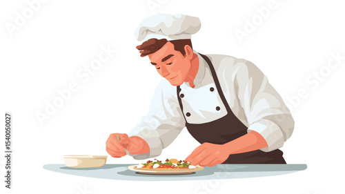 A vector illustration depicting a male chef in a white chef's jacket and brown apron, meticulously preparing and plating a dish on a white surface. He is shown from the waist up, adding seasoning