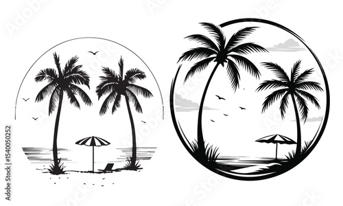 tropical beach retro poster palm trees mountains sunset vector