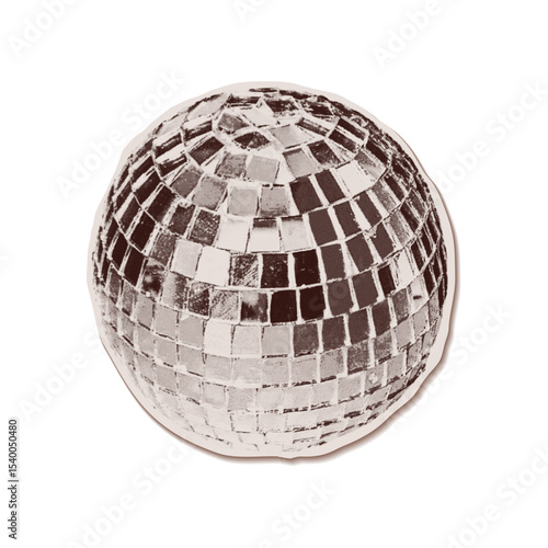 Trendy halftone collage of a mirror disco ball cut out an old newspaper. Isolated vector illustration grayscale retro sticker with Bitmap and Dots texture. Vintage aesthetic, 80s - 90s vibe, nostalgic
