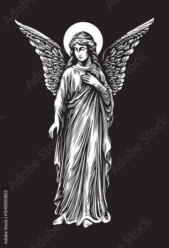 Vector drawing of an angel with wings and a halo in a classic style. Guardian angel or theme of death, religion,. Funeral services. Memorial, monument, tattoo, t-shirt design. No AI used
