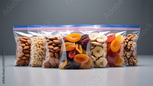 Fototapeta Naklejka Na Ścianę i Meble -  Assorted nuts and dried fruits assortment in clear plastic zip lock bags on a white surface