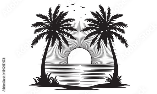 tropical beach retro poster palm trees mountains sunset vector