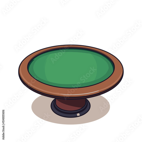 Illustration of an Empty Green Felt Poker Table with Wooden Trim and Pedestal Base