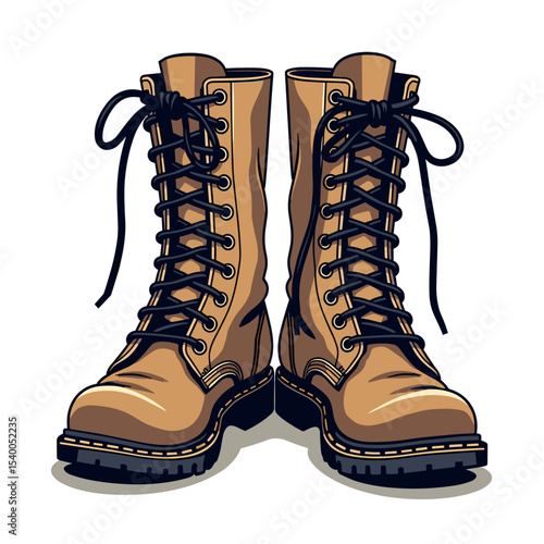 Illustration of a Pair of Tan Leather Combat Boots with Black Laces and Soles