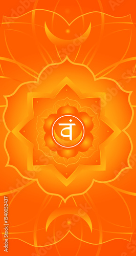 Orange second Svadhishthana chakra sign. Vector vertical illustration. Abstract mandala flower. Sunflower background. backdrop. Symbol circle frame. Chakras design yoga class banner. Meditation aura