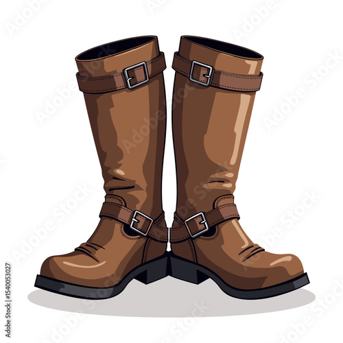 Pair of Brown Leather Motorcycle Boots with Buckles, Fashionable Footwear Illustration for Outdoor Activities