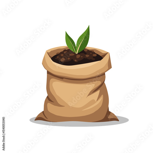 Illustration of a Burlap Sack Filled with Soil and a Small Sprout Growing, Representing Agriculture and New Beginnings