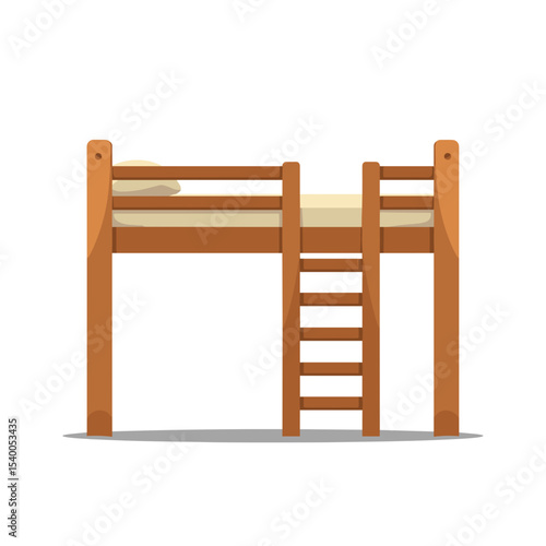 Illustration of a Wooden Loft Bed with Ladder and Mattress on White Background