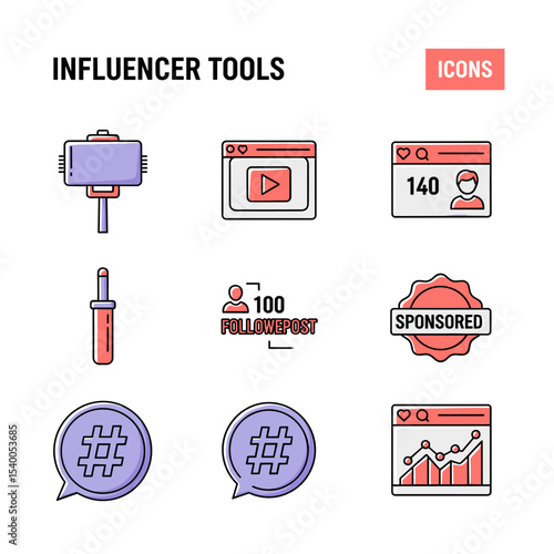 Influencer Toolkit: A modern illustration showcasing essential tools for influencers, including a selfie stick, video player, profile, microphone, follower count, sponsored content badge.