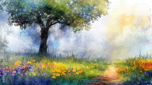 A vibrant watercolor painting of a tree beside a colorful wildflower meadow under a soft, misty sky.