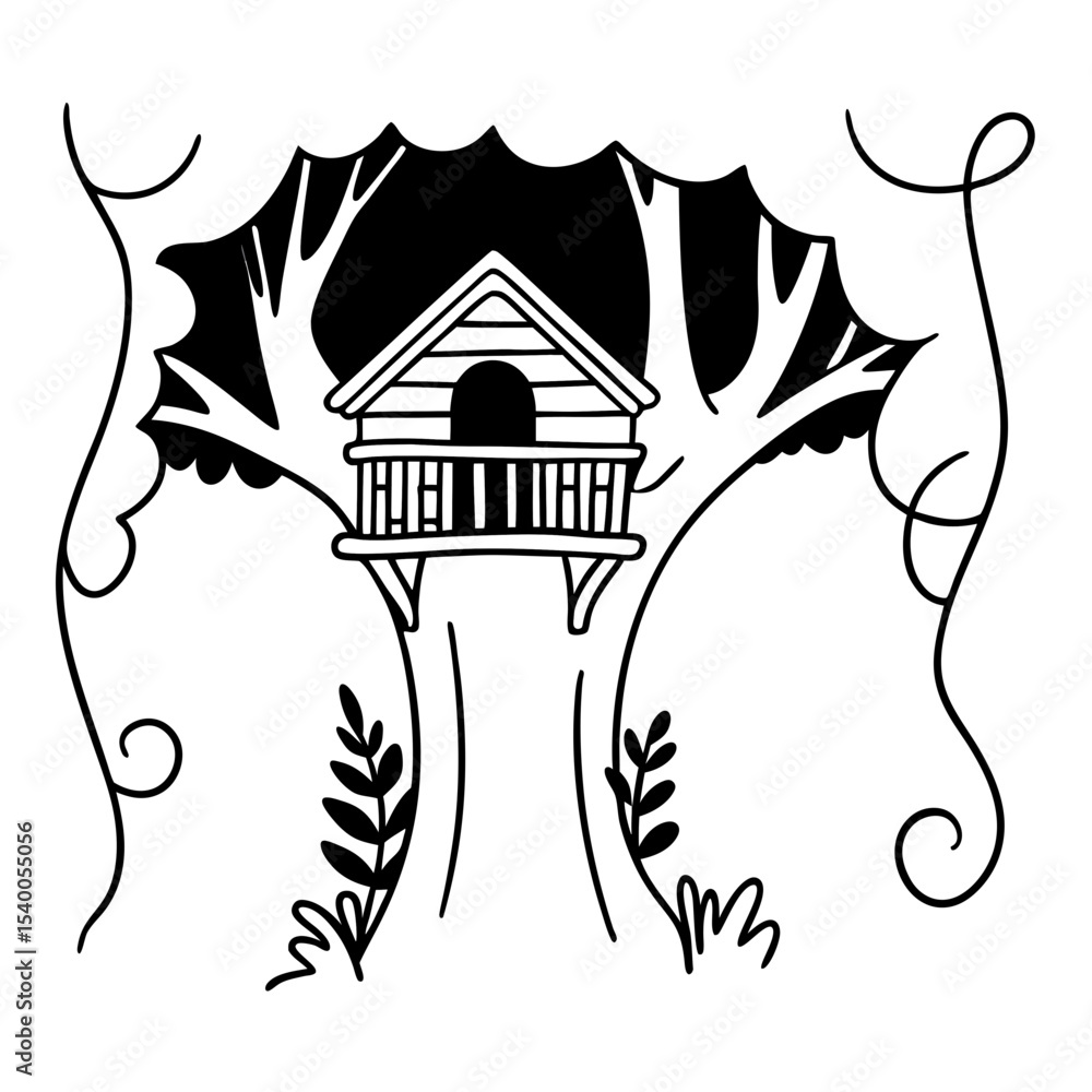 Fototapeta premium Treehouse Illustration Line Art Vector Design