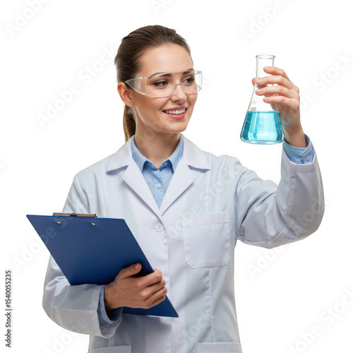 Female scientist holding flask and clipboard isolated on transparent background
