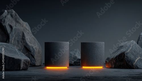 Gray rocks and illuminated cylinders
