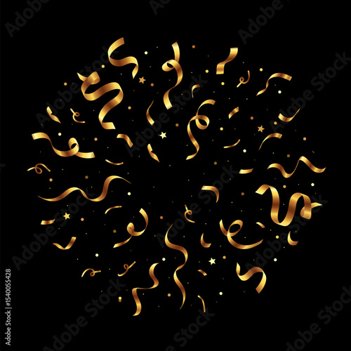 Confetti burst with shiny gold paper pieces scattering on a black background. Dynamic themed celebration effect. Vector illustration