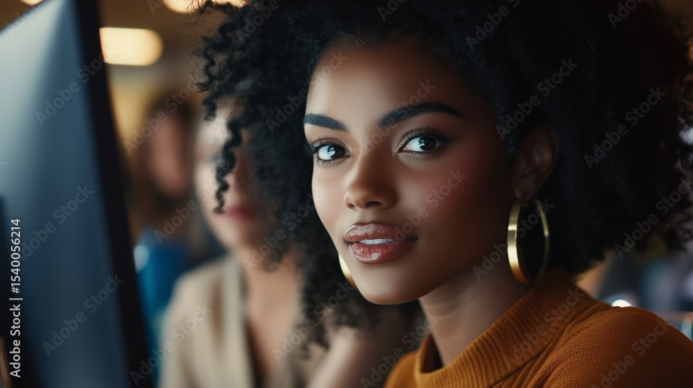 Obraz premium Young woman with curly hair engaged in conversation at a busy cafe during the afternoon