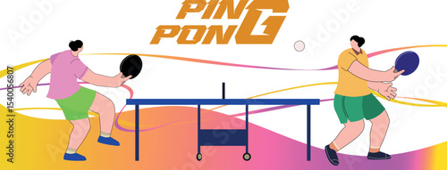 Two women playing ping pong, competition poster illustration. Banner tournament, sports school, club, table tennis training.