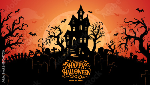 Spooky Halloween background with haunted house, graveyard, creepy trees, bats, and full moon. Ideal for party invitations, banners, or seasonal designs.