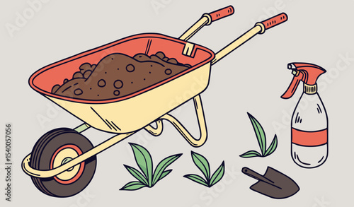 A colorful wheelbarrow    sits ready for planting, filled with rich soil alongside a shovel and eco-friendly spray, highlighting a joyful gardening experience in a sunlit garden
