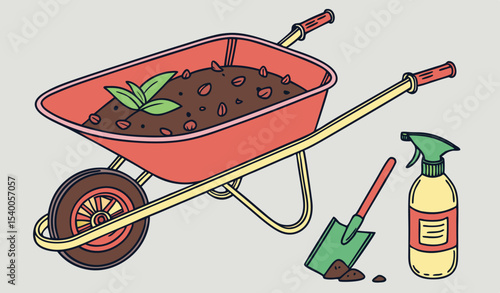 A colorful wheelbarrow    sits ready for planting, filled with rich soil alongside a shovel and eco-friendly spray, highlighting a joyful gardening experience in a sunlit garden