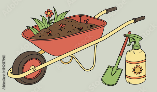 A colorful wheelbarrow    sits ready for planting, filled with rich soil alongside a shovel and eco-friendly spray, highlighting a joyful gardening experience in a sunlit garden