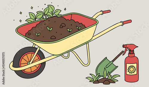 A colorful wheelbarrow    sits ready for planting, filled with rich soil alongside a shovel and eco-friendly spray, highlighting a joyful gardening experience in a sunlit garden