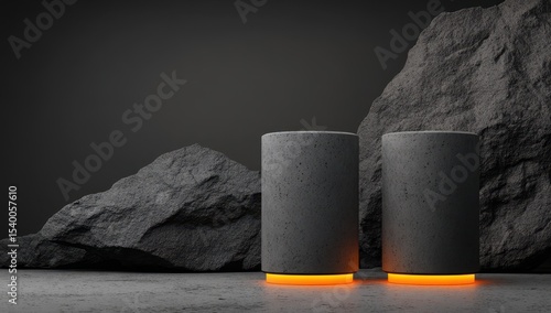 Gray cylindrical podiums with glowing base, surrounded by dark rocks