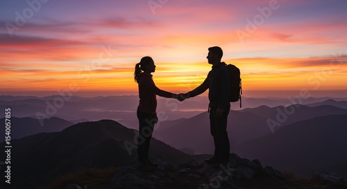 Hikers Handshake Mountain Top Silhouette Sunset