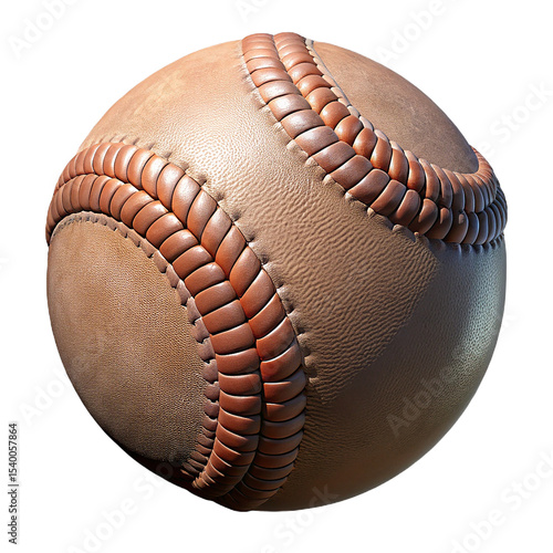 Detailed close up photograph of a textured baseball showing the stitches and leather grain