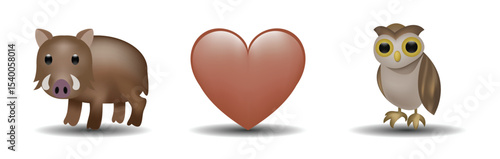 3 emoticons isolated on white background. Brown color heart, owl, wild boar vector emoji illustration. 3d illustration set.