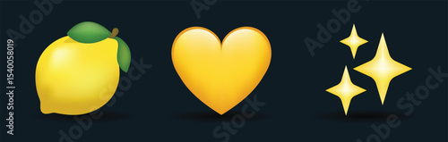 3 emoticons isolated on white background. Yellow color heart, lemon, golden stars vector emoji illustration. 3d illustration set.