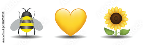 3 emoticons isolated on white background. Yellow color heart, bee, sunflower vector emoji illustration. 3d illustration set.