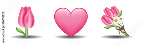 3 emoticons isolated on white background. Pink color heart, tulip, tulip bouquet vector emoji illustration. 3d illustration set.