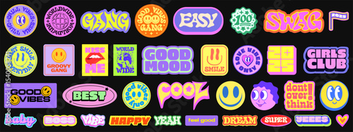 Cool Y2k Stickers Vector Elements Set. Collection Of Funny Pop Art Patches. Groovy Graphics. Cute 2000s Badges.