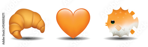 3 emoticons isolated on white background. Orange color heart, puffer fish, croissant vector emoji illustration. 3d illustration set.