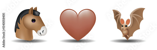 3 emoticons isolated on white background. Brown color heart, horse, bat vector emoji illustration. 3d illustration set.