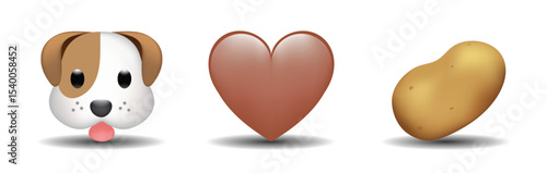 3 emoticons isolated on white background. Brown color heart, dog, potato vector emoji illustration. 3d illustration set.